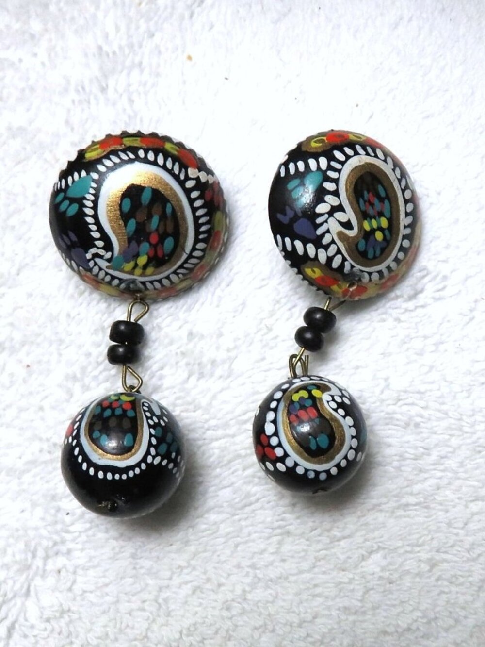 Hand Painted Bohemian Chunky Black/Multi Paisely Dangle Earrings 2.5" long
